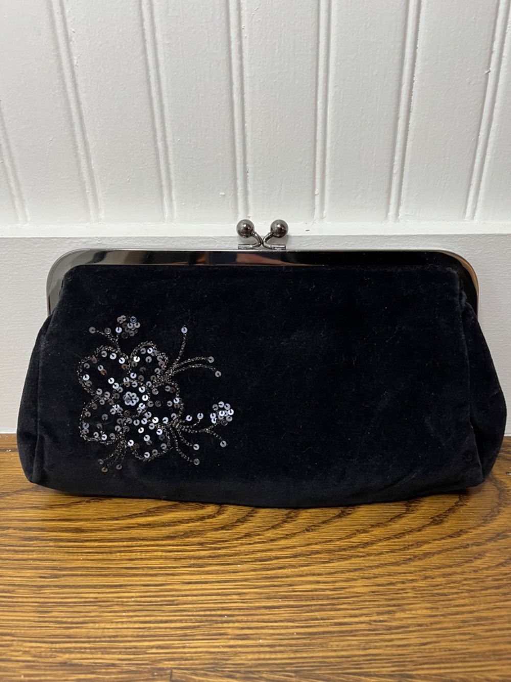 Express Black Velvet Sequin Kiss Lock Clutch